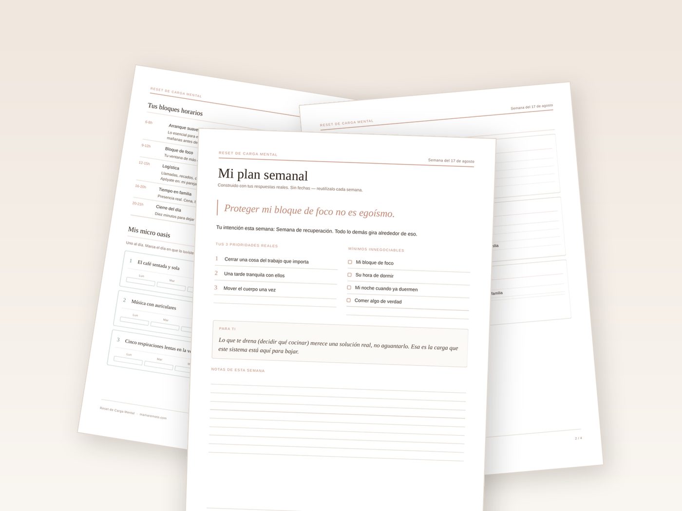 The four printed pages of the Mental Load Reset on a table