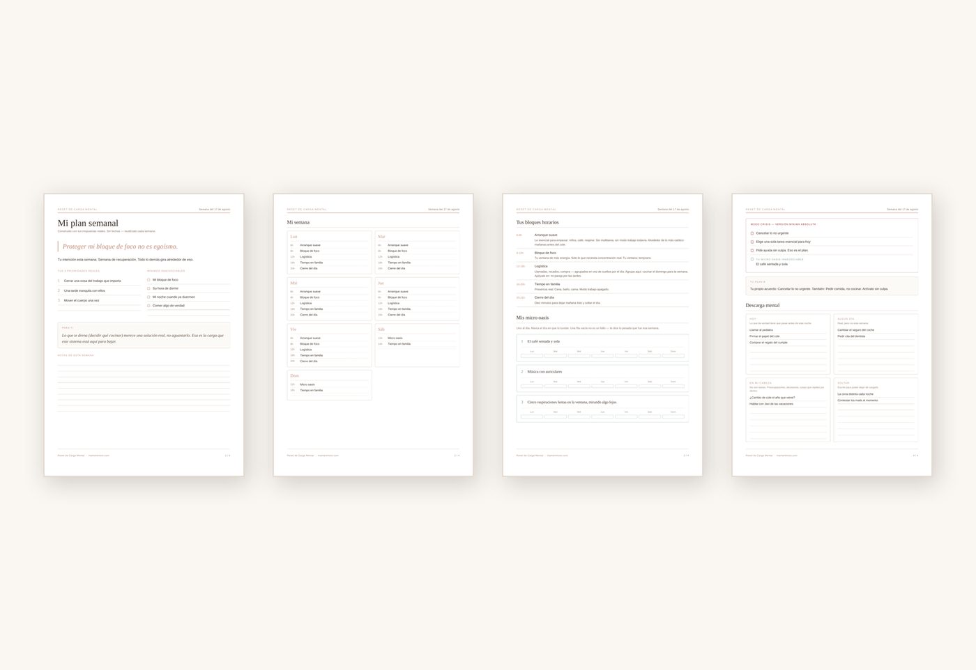 The four printable pages: plan, week, micro oasis and brain dump